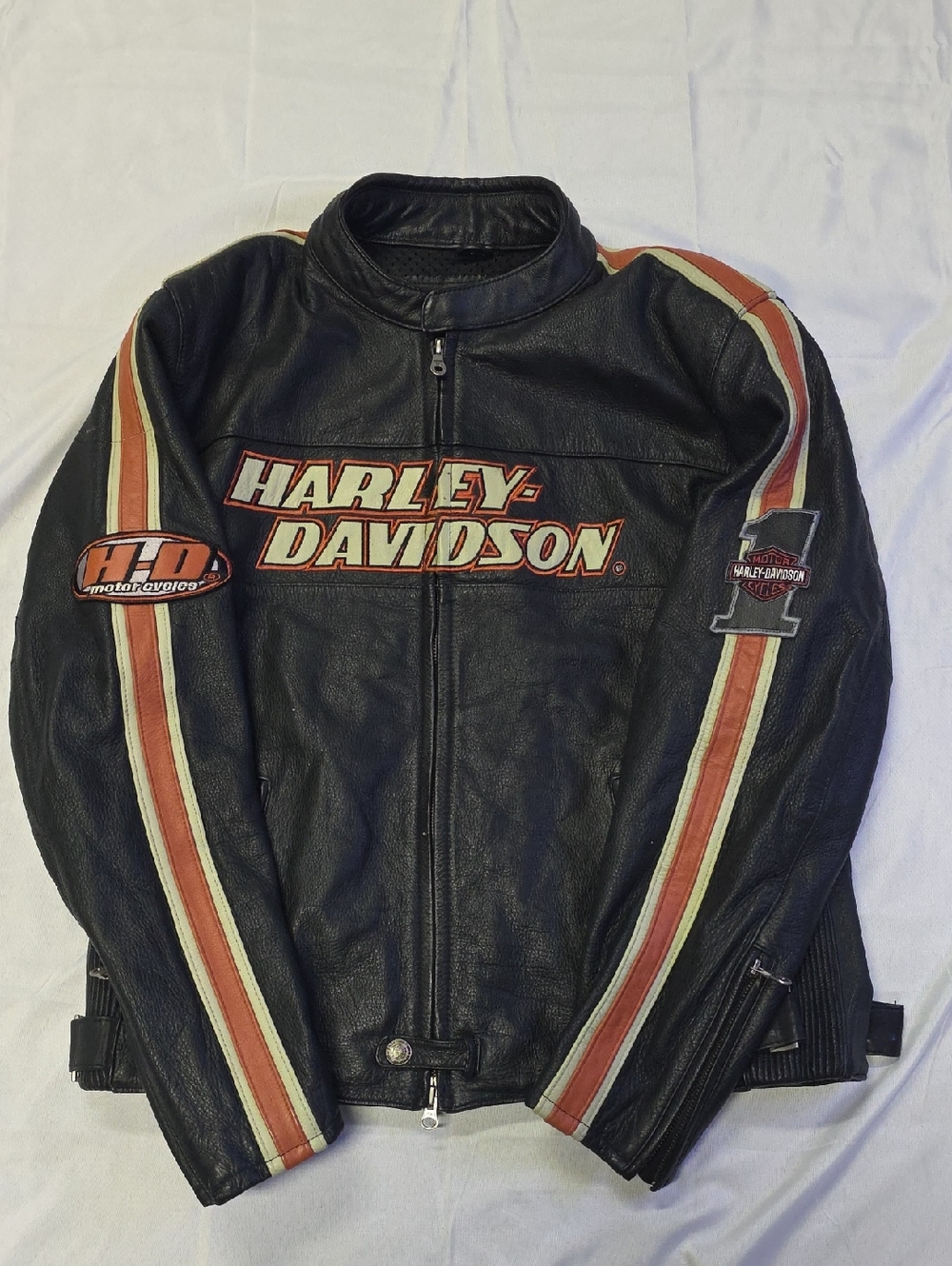 Vintage Harley-Davidson Black Leather Jacket with Orange and Cream Stripes
